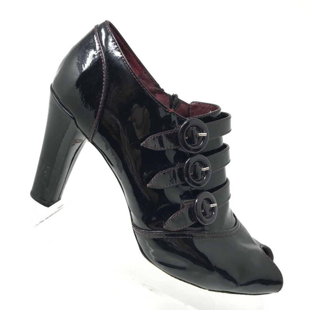 Via Spiga Bootie Womens 6.5 M Triple Buckle Peep Toe Heel Midnight Purple Patent